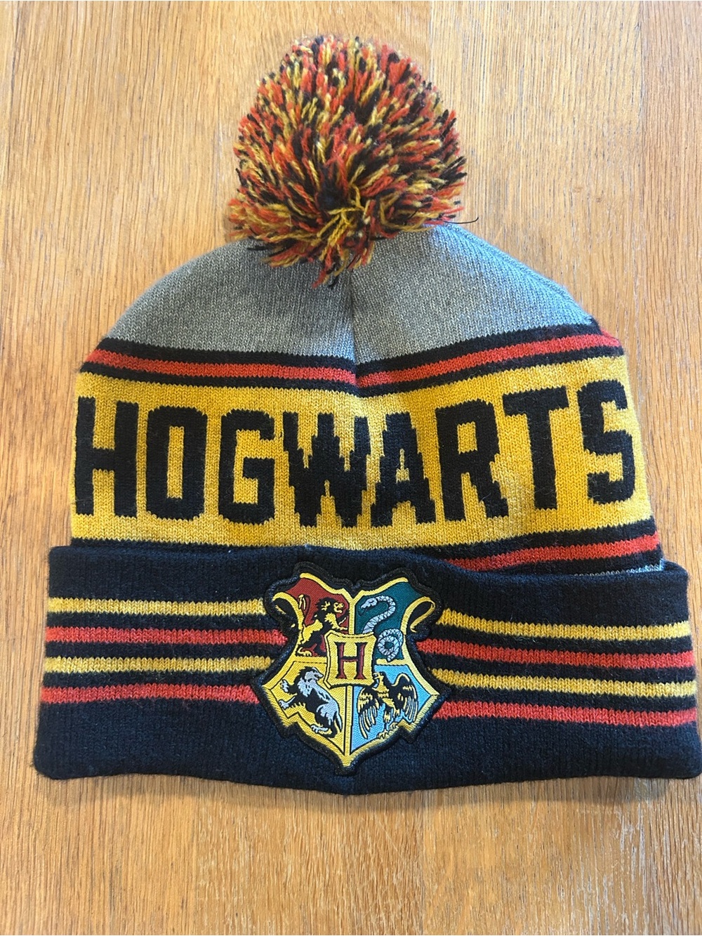 HOGWARTS Kids Pom Beanie Hat - Gray, Yellow, Black